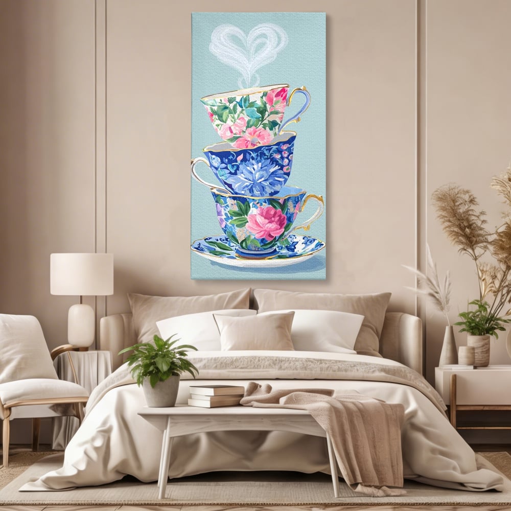 Tablou Canvas Premium, LuxCanva® N1193, Pasiune pentru Ceai, Cesti, Ceai, Vintage, Ornamental, Inima, Aburi, Cafenea, Pub, Bar, Lounge, Restaurant, Bucatarie