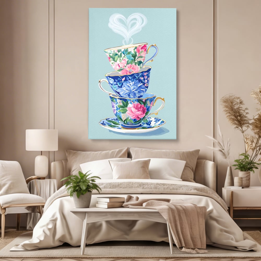 Tablou Canvas Premium, LuxCanva® N1193, Pasiune pentru Ceai, Cesti, Ceai, Vintage, Ornamental, Inima, Aburi, Cafenea, Pub, Bar, Lounge, Restaurant, Bucatarie
