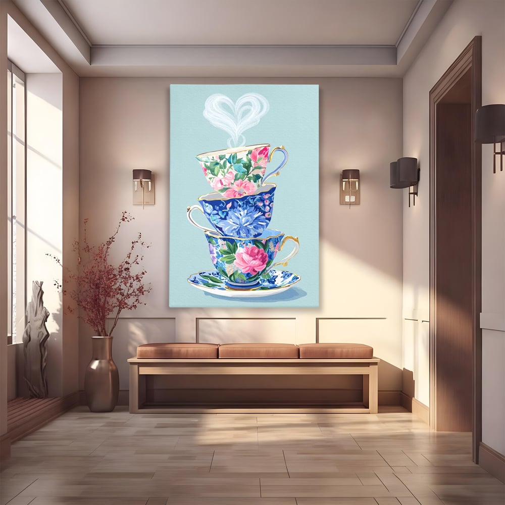 Tablou Canvas Premium, LuxCanva® N1193, Pasiune pentru Ceai, Cesti, Ceai, Vintage, Ornamental, Inima, Aburi, Cafenea, Pub, Bar, Lounge, Restaurant, Bucatarie