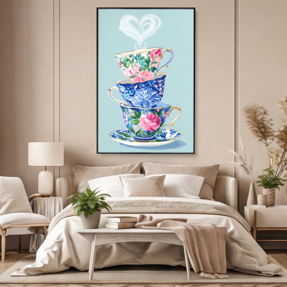 Tablou Canvas Premium, LuxCanva® N1193, Pasiune pentru Ceai, Cesti, Ceai, Vintage, Ornamental, Inima, Aburi, Cafenea, Pub, Bar, Lounge, Restaurant, Bucatarie