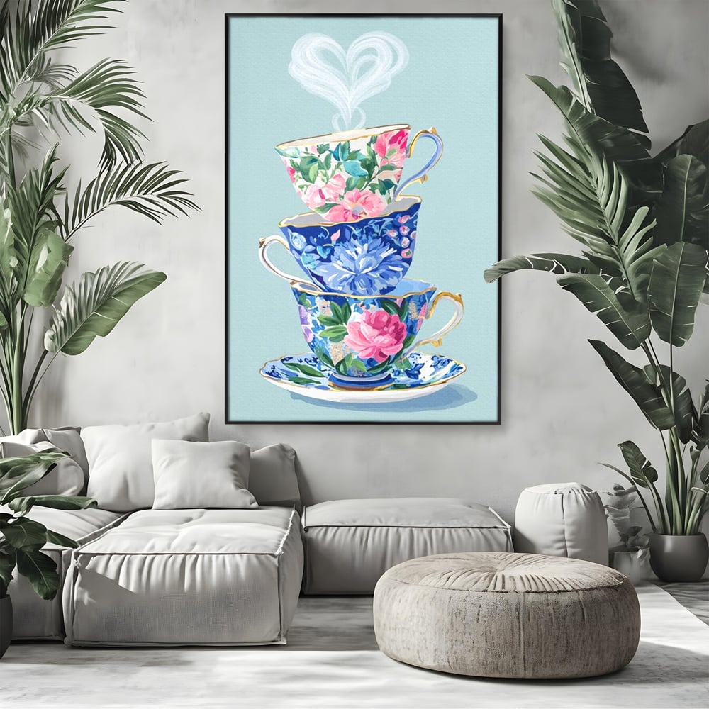 Tablou Canvas Premium, LuxCanva® N1193, Pasiune pentru Ceai, Cesti, Ceai, Vintage, Ornamental, Inima, Aburi, Cafenea, Pub, Bar, Lounge, Restaurant, Bucatarie