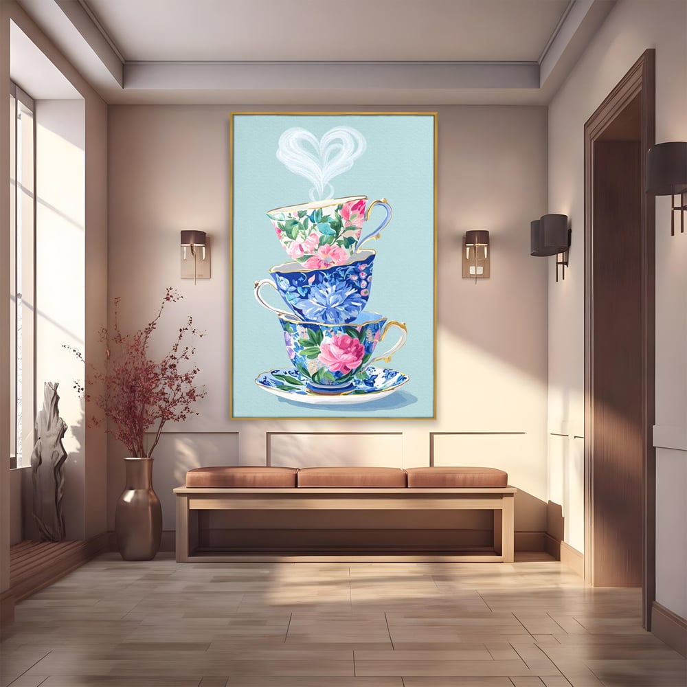 Tablou Canvas Premium, LuxCanva® N1193, Pasiune pentru Ceai, Cesti, Ceai, Vintage, Ornamental, Inima, Aburi, Cafenea, Pub, Bar, Lounge, Restaurant, Bucatarie