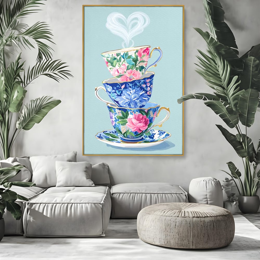 Tablou Canvas Premium, LuxCanva® N1193, Pasiune pentru Ceai, Cesti, Ceai, Vintage, Ornamental, Inima, Aburi, Cafenea, Pub, Bar, Lounge, Restaurant, Bucatarie