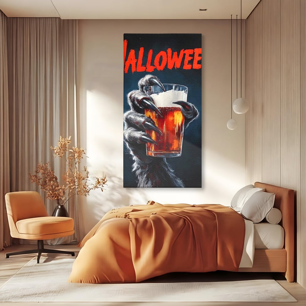 Tablou Canvas Premium, LuxCanva® N1195, In Cinstea Noptii, Halloween, Varcolac, Gheare, Infricosator, Pahar, Bere, Bautura, Pub, Bar, Lounge, Restaurant, Bucatarie