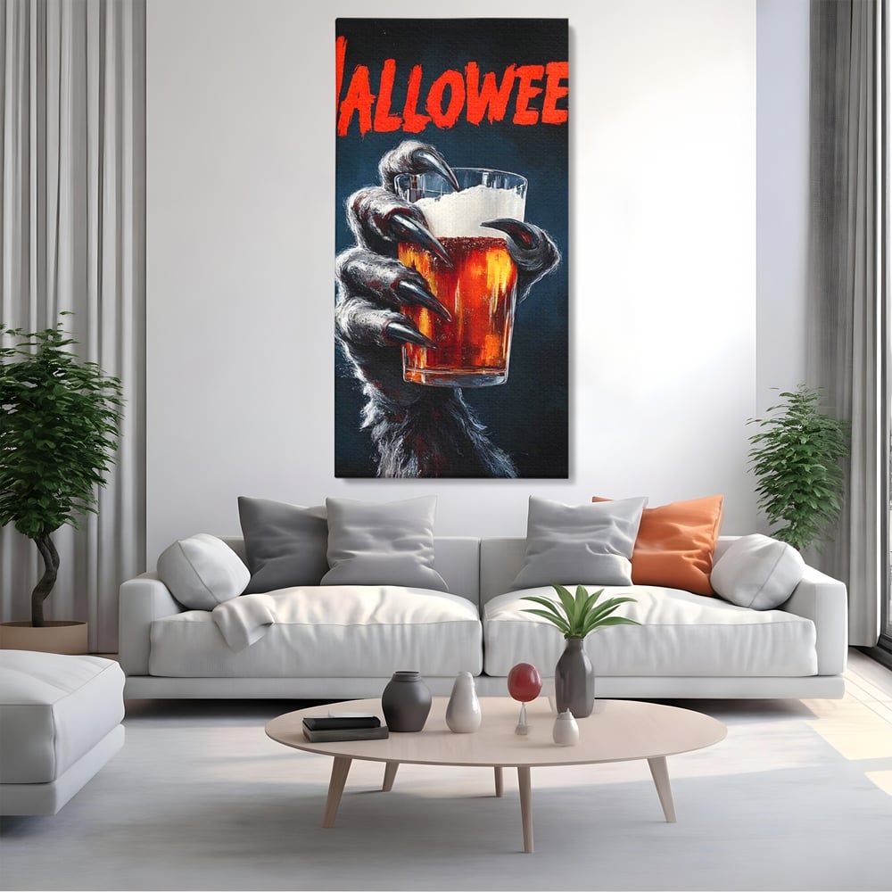 Tablou Canvas Premium, LuxCanva® N1195, In Cinstea Noptii, Halloween, Varcolac, Gheare, Infricosator, Pahar, Bere, Bautura, Pub, Bar, Lounge, Restaurant, Bucatarie