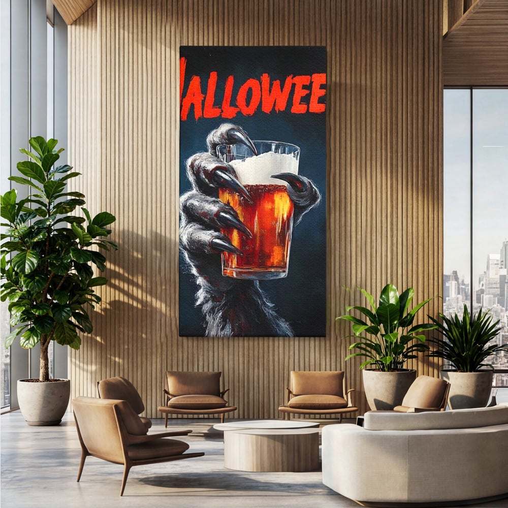 Tablou Canvas Premium, LuxCanva® N1195, In Cinstea Noptii, Halloween, Varcolac, Gheare, Infricosator, Pahar, Bere, Bautura, Pub, Bar, Lounge, Restaurant, Bucatarie