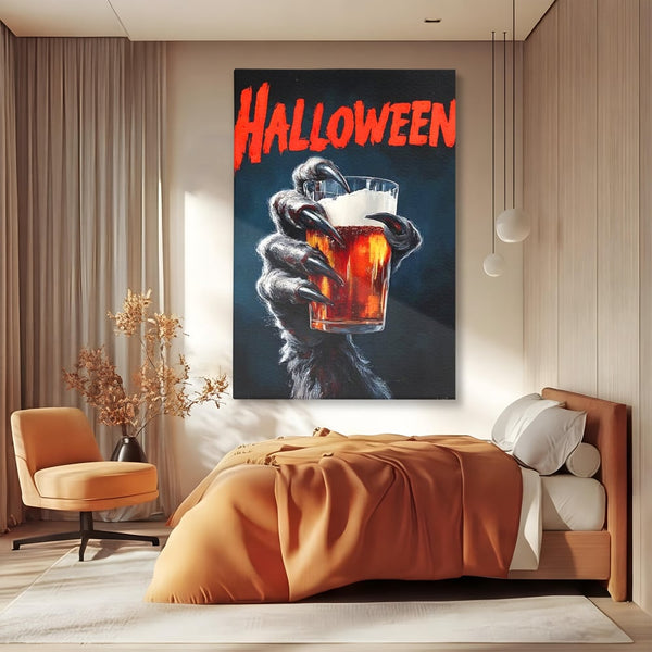 Tablou Canvas Premium, LuxCanva® N1195, In Cinstea Noptii, Halloween, Varcolac, Gheare, Infricosator, Pahar, Bere, Bautura, Pub, Bar, Lounge, Restaurant, Bucatarie