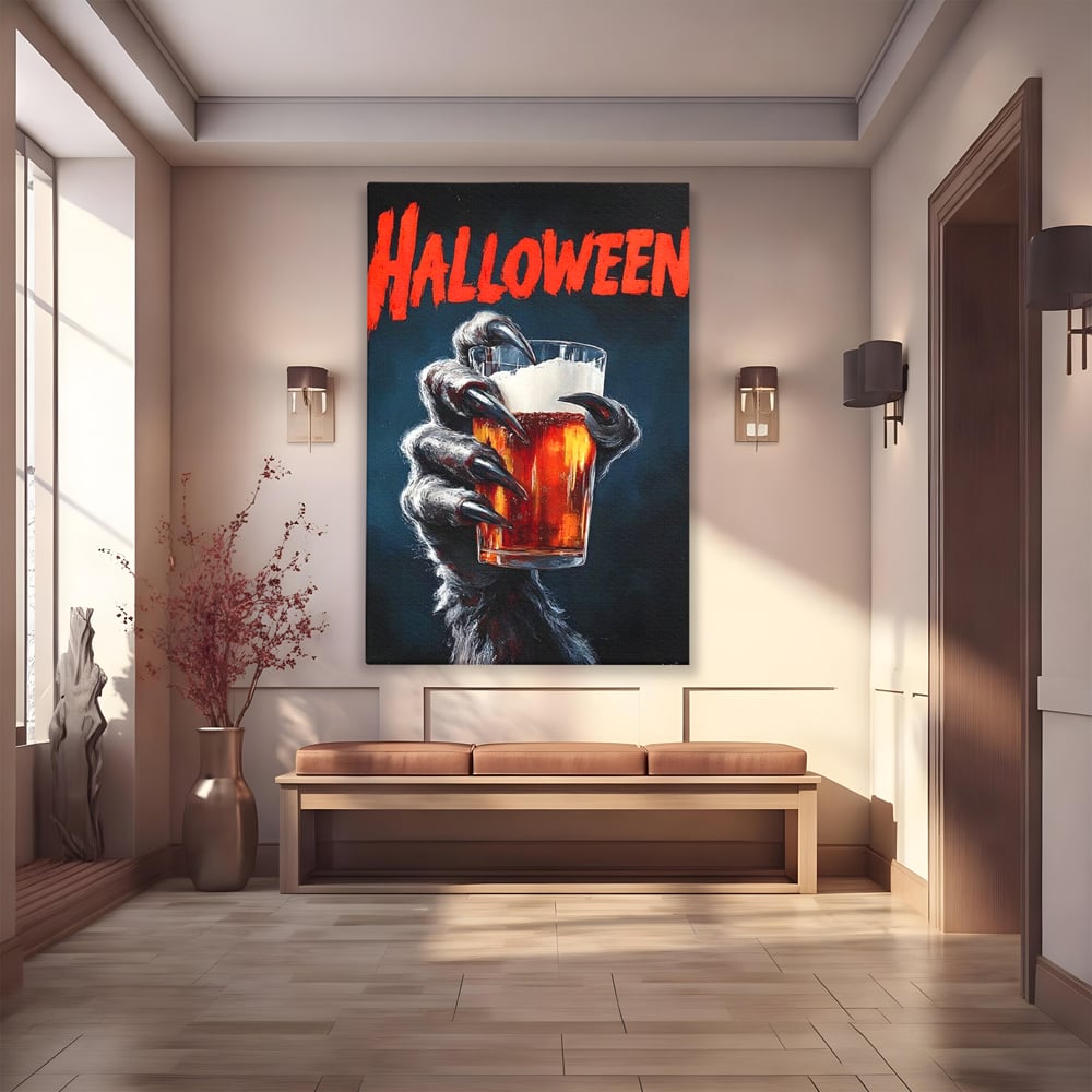 Tablou Canvas Premium, LuxCanva® N1195, In Cinstea Noptii, Halloween, Varcolac, Gheare, Infricosator, Pahar, Bere, Bautura, Pub, Bar, Lounge, Restaurant, Bucatarie
