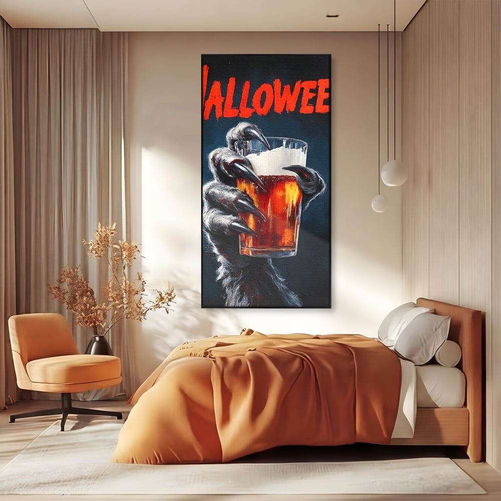Tablou Canvas Premium, LuxCanva® N1195, In Cinstea Noptii, Halloween, Varcolac, Gheare, Infricosator, Pahar, Bere, Bautura, Pub, Bar, Lounge, Restaurant, Bucatarie