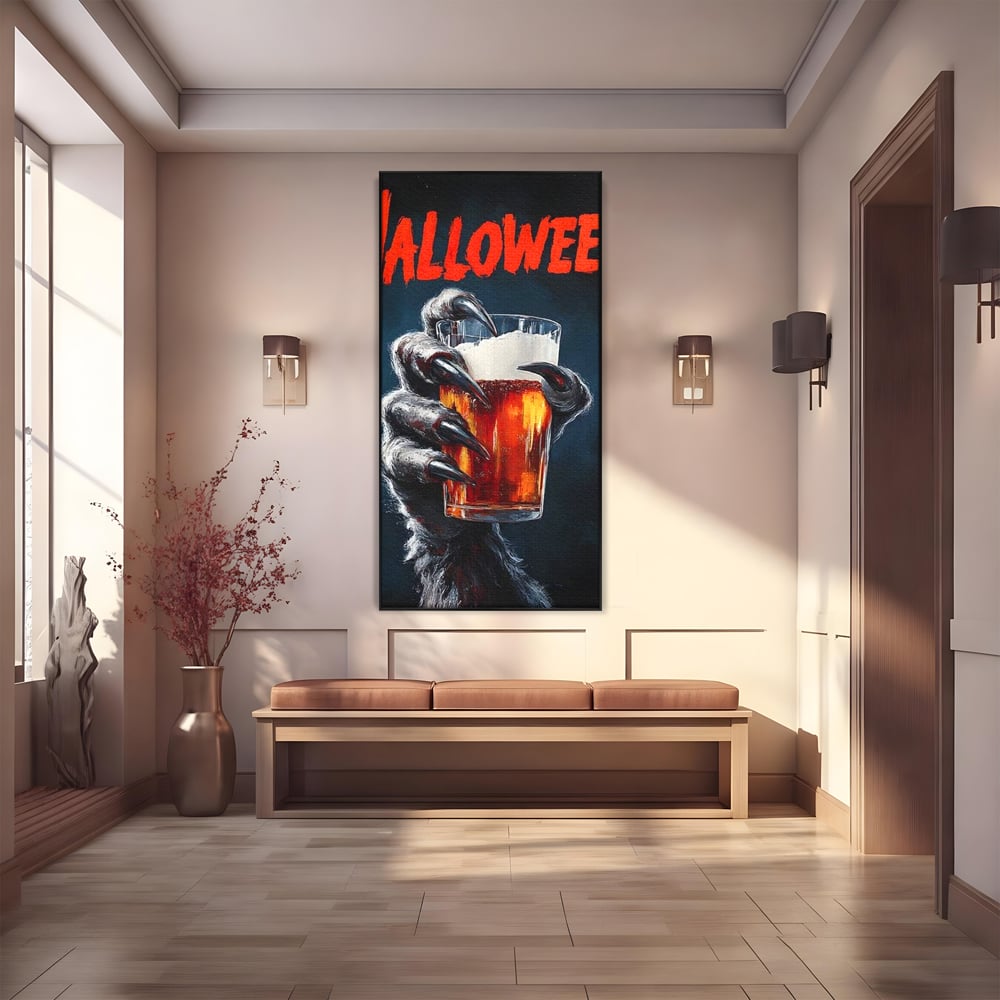 Tablou Canvas Premium, LuxCanva® N1195, In Cinstea Noptii, Halloween, Varcolac, Gheare, Infricosator, Pahar, Bere, Bautura, Pub, Bar, Lounge, Restaurant, Bucatarie