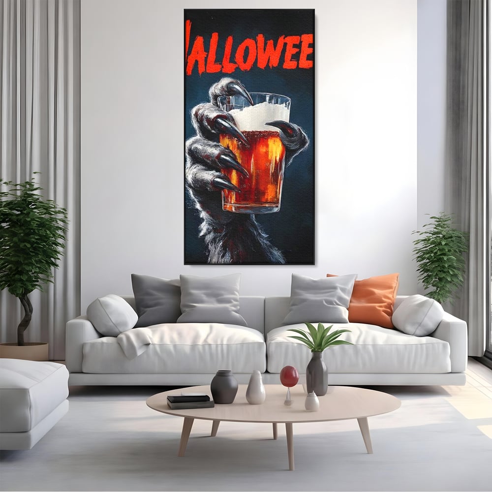 Tablou Canvas Premium, LuxCanva® N1195, In Cinstea Noptii, Halloween, Varcolac, Gheare, Infricosator, Pahar, Bere, Bautura, Pub, Bar, Lounge, Restaurant, Bucatarie