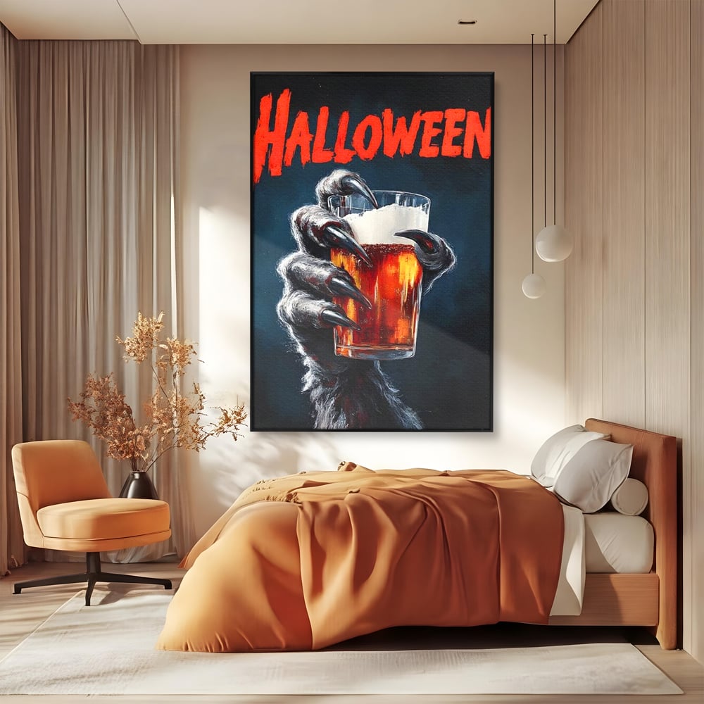 Tablou Canvas Premium, LuxCanva® N1195, In Cinstea Noptii, Halloween, Varcolac, Gheare, Infricosator, Pahar, Bere, Bautura, Pub, Bar, Lounge, Restaurant, Bucatarie