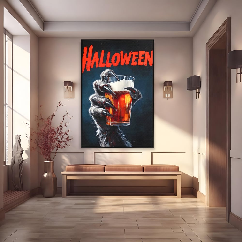 Tablou Canvas Premium, LuxCanva® N1195, In Cinstea Noptii, Halloween, Varcolac, Gheare, Infricosator, Pahar, Bere, Bautura, Pub, Bar, Lounge, Restaurant, Bucatarie