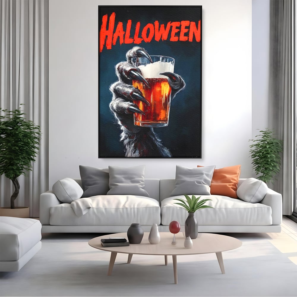 Tablou Canvas Premium, LuxCanva® N1195, In Cinstea Noptii, Halloween, Varcolac, Gheare, Infricosator, Pahar, Bere, Bautura, Pub, Bar, Lounge, Restaurant, Bucatarie