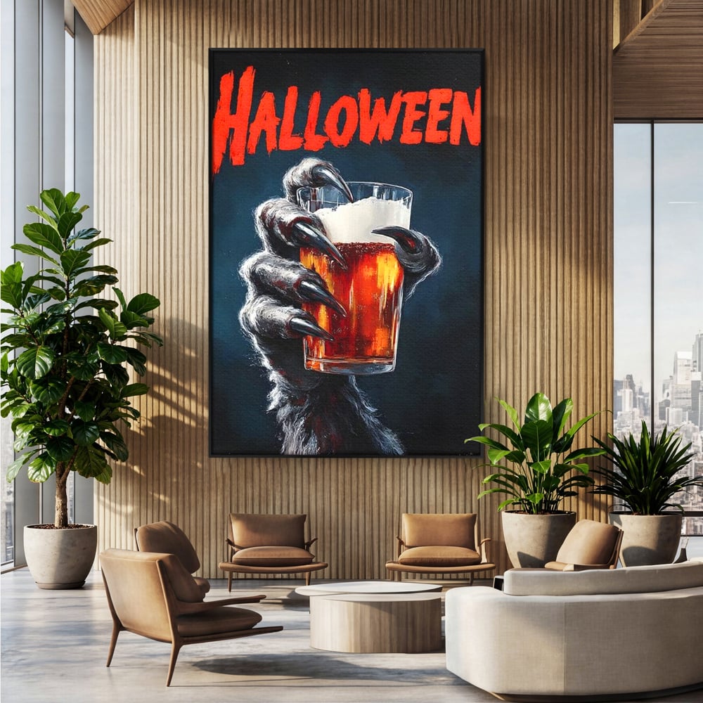 Tablou Canvas Premium, LuxCanva® N1195, In Cinstea Noptii, Halloween, Varcolac, Gheare, Infricosator, Pahar, Bere, Bautura, Pub, Bar, Lounge, Restaurant, Bucatarie