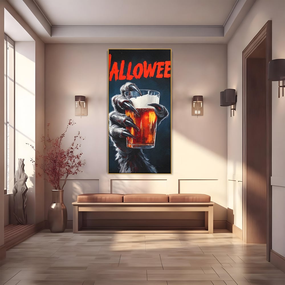 Tablou Canvas Premium, LuxCanva® N1195, In Cinstea Noptii, Halloween, Varcolac, Gheare, Infricosator, Pahar, Bere, Bautura, Pub, Bar, Lounge, Restaurant, Bucatarie
