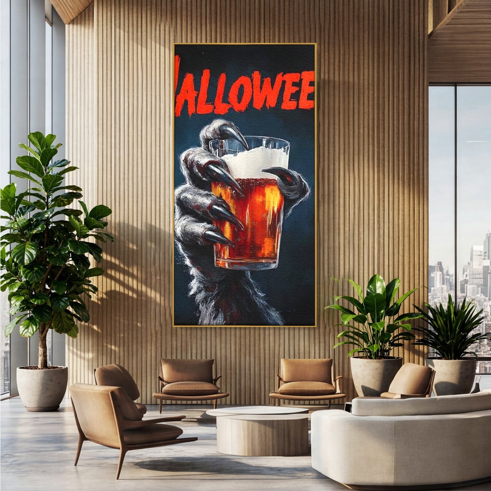 Tablou Canvas Premium, LuxCanva® N1195, In Cinstea Noptii, Halloween, Varcolac, Gheare, Infricosator, Pahar, Bere, Bautura, Pub, Bar, Lounge, Restaurant, Bucatarie