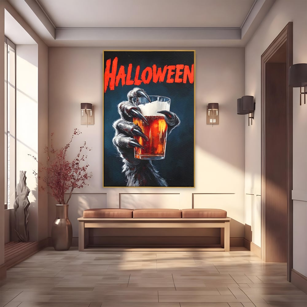 Tablou Canvas Premium, LuxCanva® N1195, In Cinstea Noptii, Halloween, Varcolac, Gheare, Infricosator, Pahar, Bere, Bautura, Pub, Bar, Lounge, Restaurant, Bucatarie