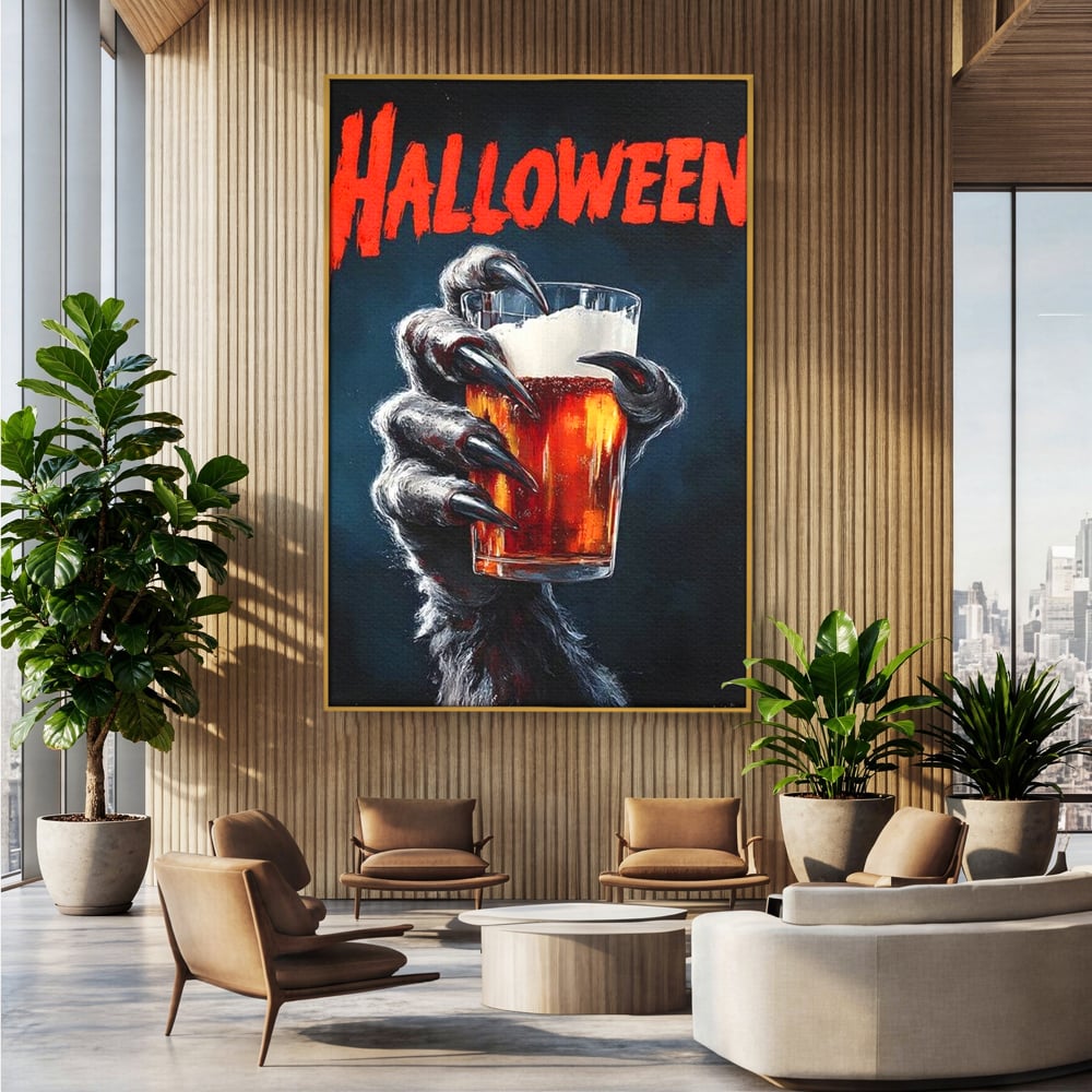 Tablou Canvas Premium, LuxCanva® N1195, In Cinstea Noptii, Halloween, Varcolac, Gheare, Infricosator, Pahar, Bere, Bautura, Pub, Bar, Lounge, Restaurant, Bucatarie