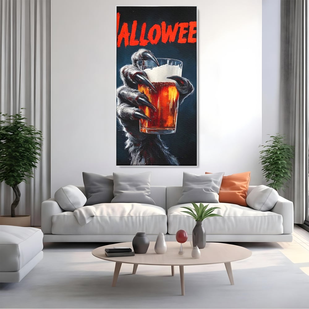 Tablou Canvas Premium, LuxCanva® N1195, In Cinstea Noptii, Halloween, Varcolac, Gheare, Infricosator, Pahar, Bere, Bautura, Pub, Bar, Lounge, Restaurant, Bucatarie