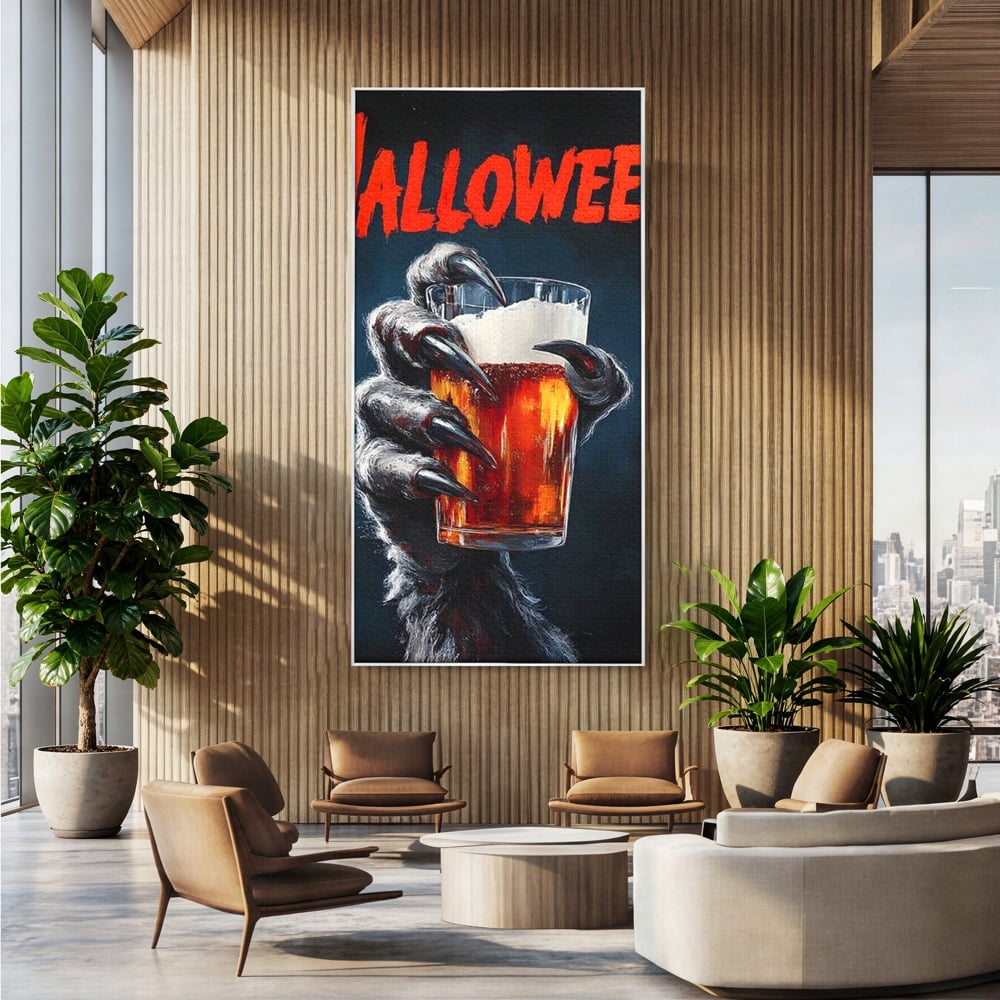 Tablou Canvas Premium, LuxCanva® N1195, In Cinstea Noptii, Halloween, Varcolac, Gheare, Infricosator, Pahar, Bere, Bautura, Pub, Bar, Lounge, Restaurant, Bucatarie