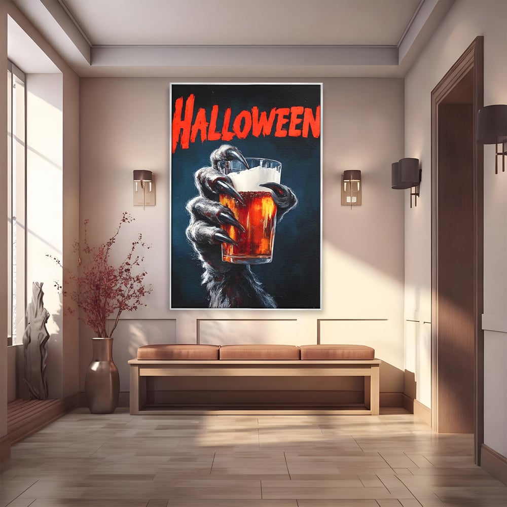Tablou Canvas Premium, LuxCanva® N1195, In Cinstea Noptii, Halloween, Varcolac, Gheare, Infricosator, Pahar, Bere, Bautura, Pub, Bar, Lounge, Restaurant, Bucatarie