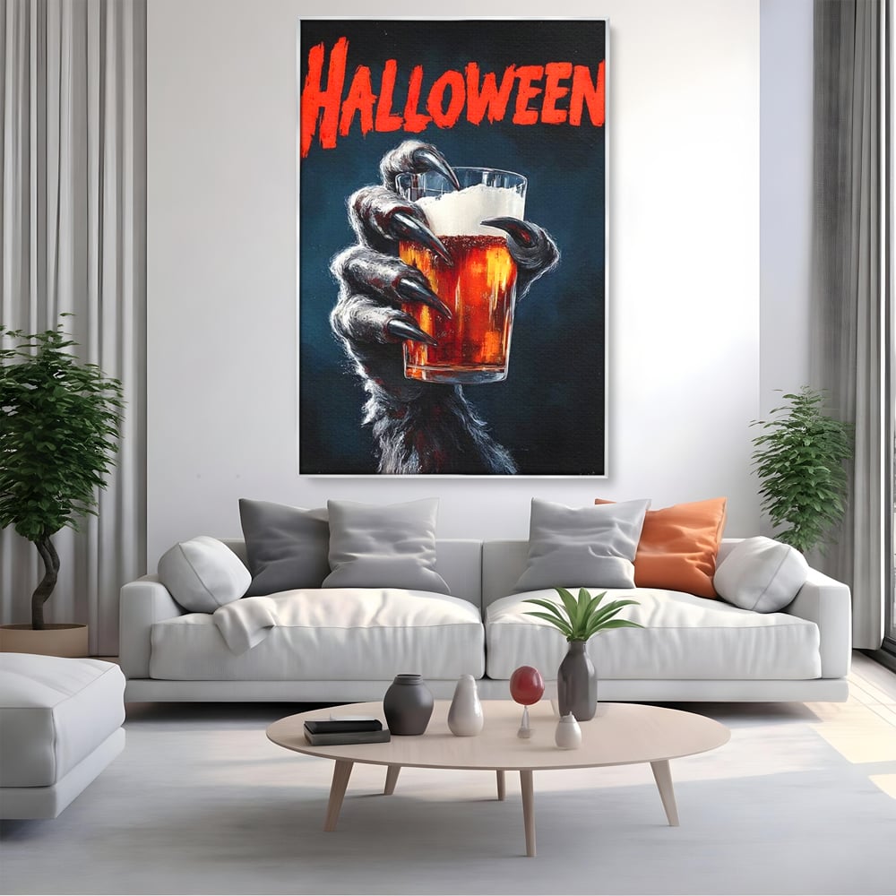 Tablou Canvas Premium, LuxCanva® N1195, In Cinstea Noptii, Halloween, Varcolac, Gheare, Infricosator, Pahar, Bere, Bautura, Pub, Bar, Lounge, Restaurant, Bucatarie