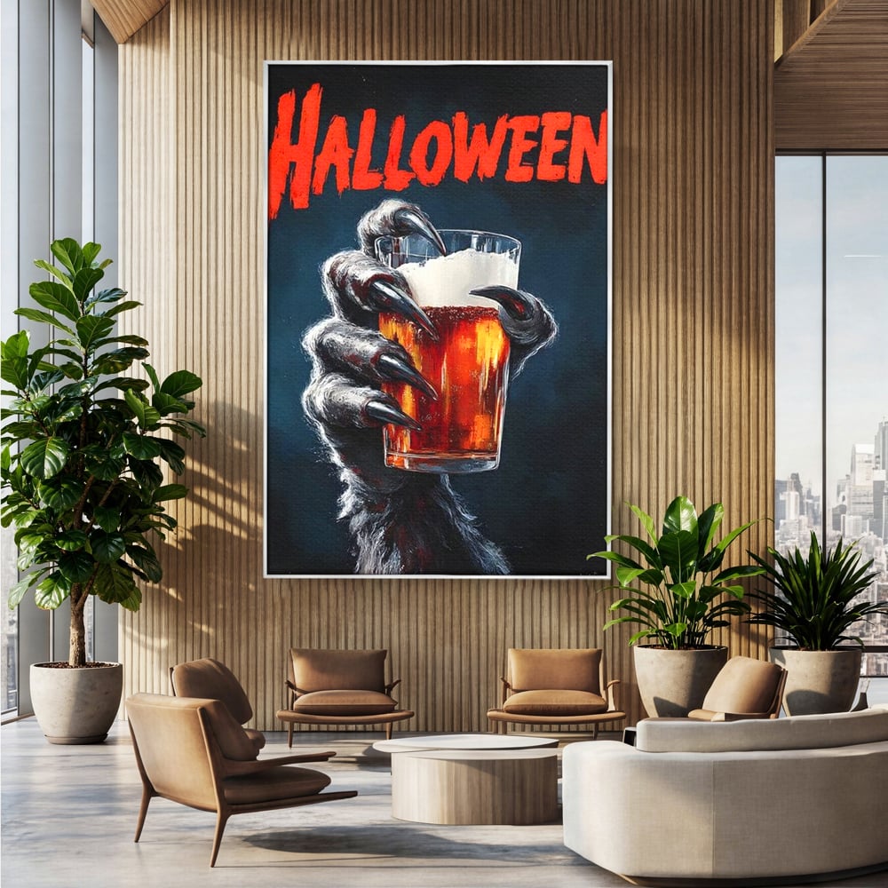 Tablou Canvas Premium, LuxCanva® N1195, In Cinstea Noptii, Halloween, Varcolac, Gheare, Infricosator, Pahar, Bere, Bautura, Pub, Bar, Lounge, Restaurant, Bucatarie