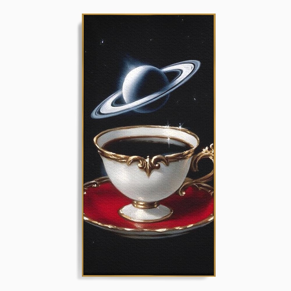 Tablou Canvas Premium, LuxCanva® N1196, Reverie Cosmica, Ceai, Ceasca, Vintage, Stele, Planeta, Cosmos, Univers, Cafenea, Pub, Bar, Lounge, Restaurant, Bucatarie