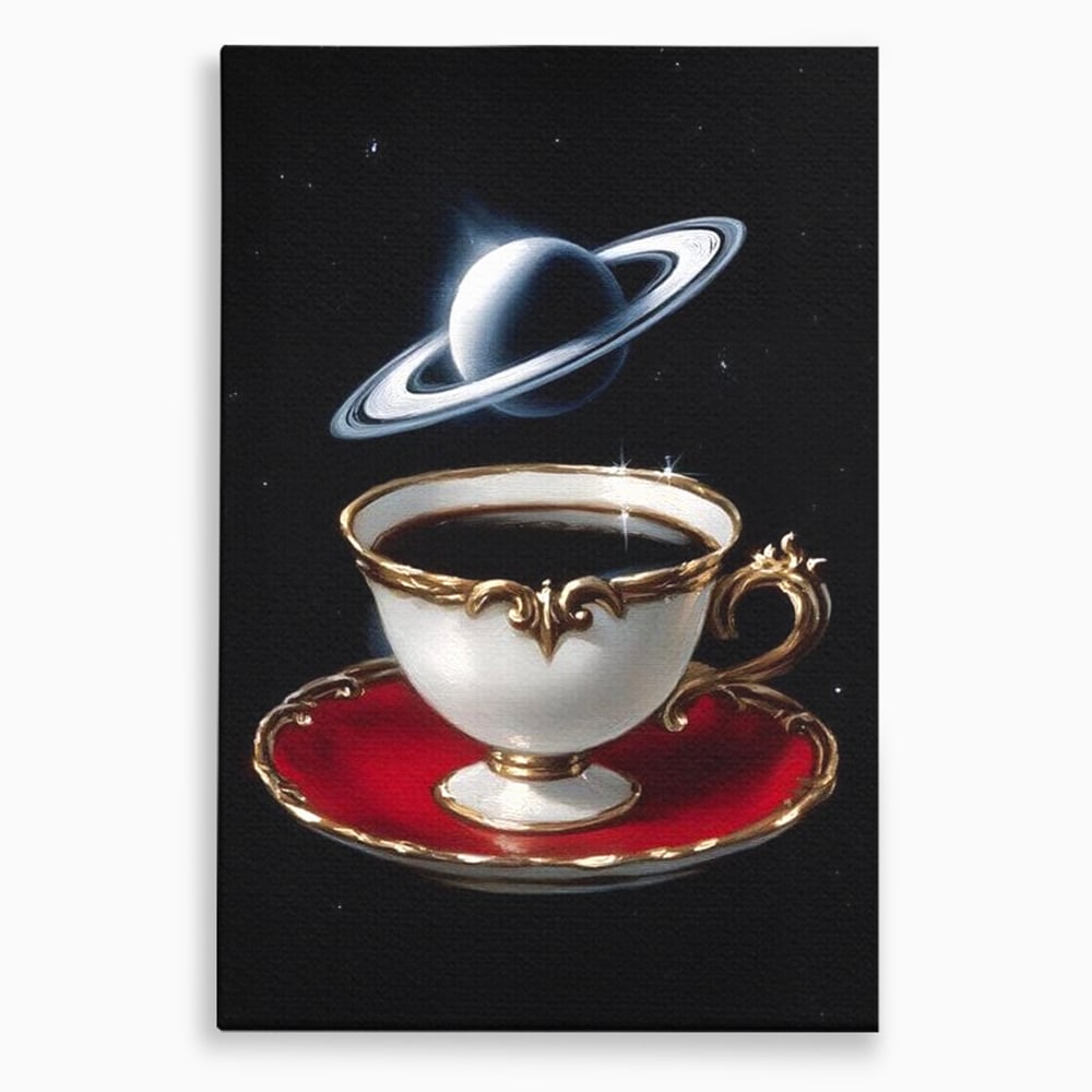 Tablou Canvas Premium, LuxCanva® N1196, Reverie Cosmica, Ceai, Ceasca, Vintage, Stele, Planeta, Cosmos, Univers, Cafenea, Pub, Bar, Lounge, Restaurant, Bucatarie
