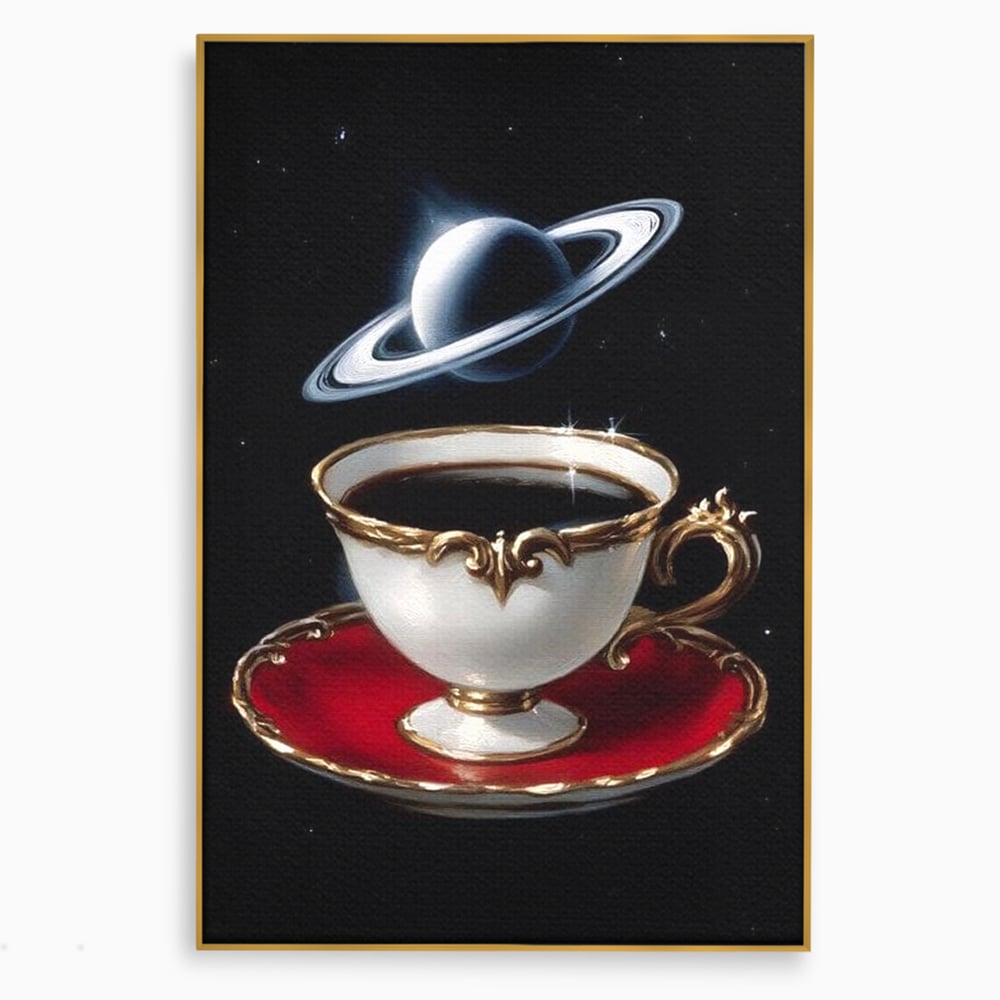 Tablou Canvas Premium, LuxCanva® N1196, Reverie Cosmica, Ceai, Ceasca, Vintage, Stele, Planeta, Cosmos, Univers, Cafenea, Pub, Bar, Lounge, Restaurant, Bucatarie