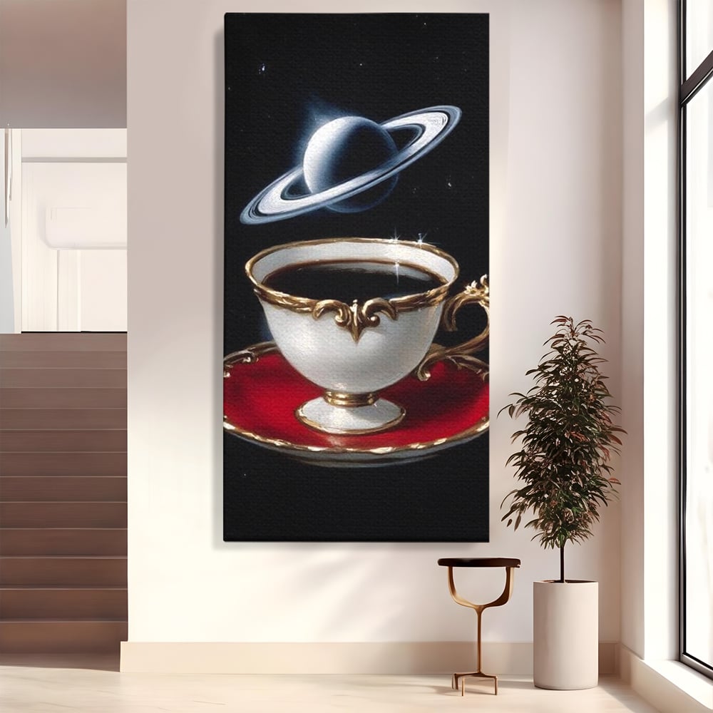 Tablou Canvas Premium, LuxCanva® N1196, Reverie Cosmica, Ceai, Ceasca, Vintage, Stele, Planeta, Cosmos, Univers, Cafenea, Pub, Bar, Lounge, Restaurant, Bucatarie