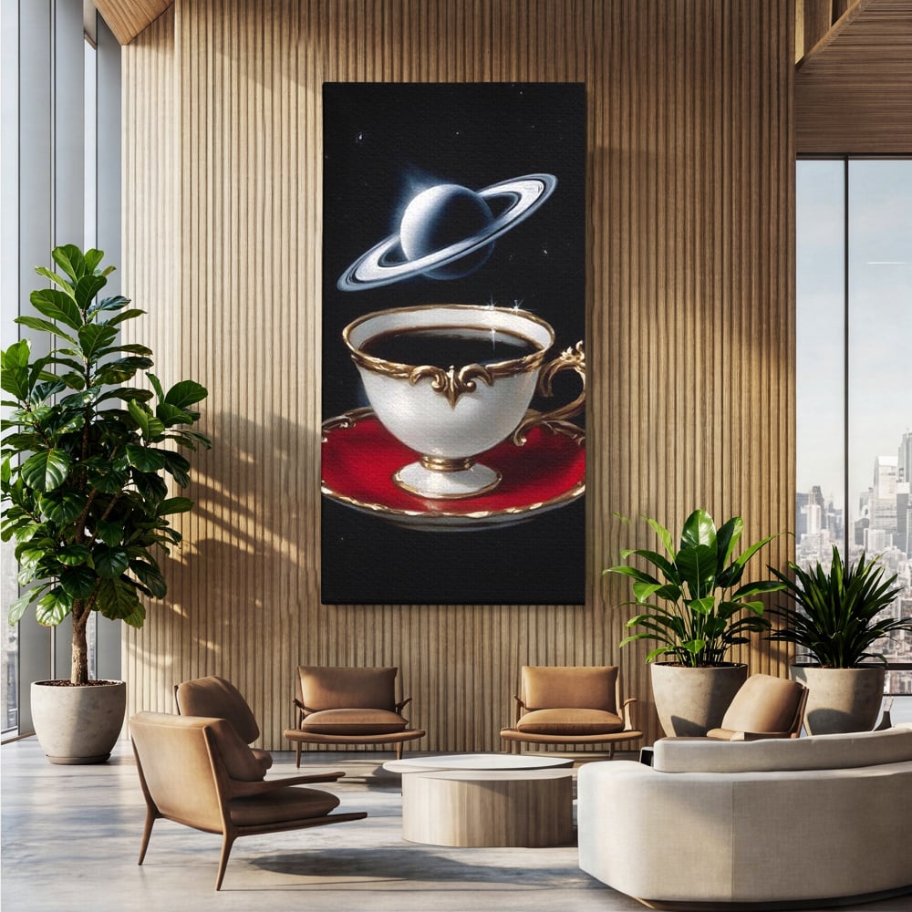 Tablou Canvas Premium, LuxCanva® N1196, Reverie Cosmica, Ceai, Ceasca, Vintage, Stele, Planeta, Cosmos, Univers, Cafenea, Pub, Bar, Lounge, Restaurant, Bucatarie