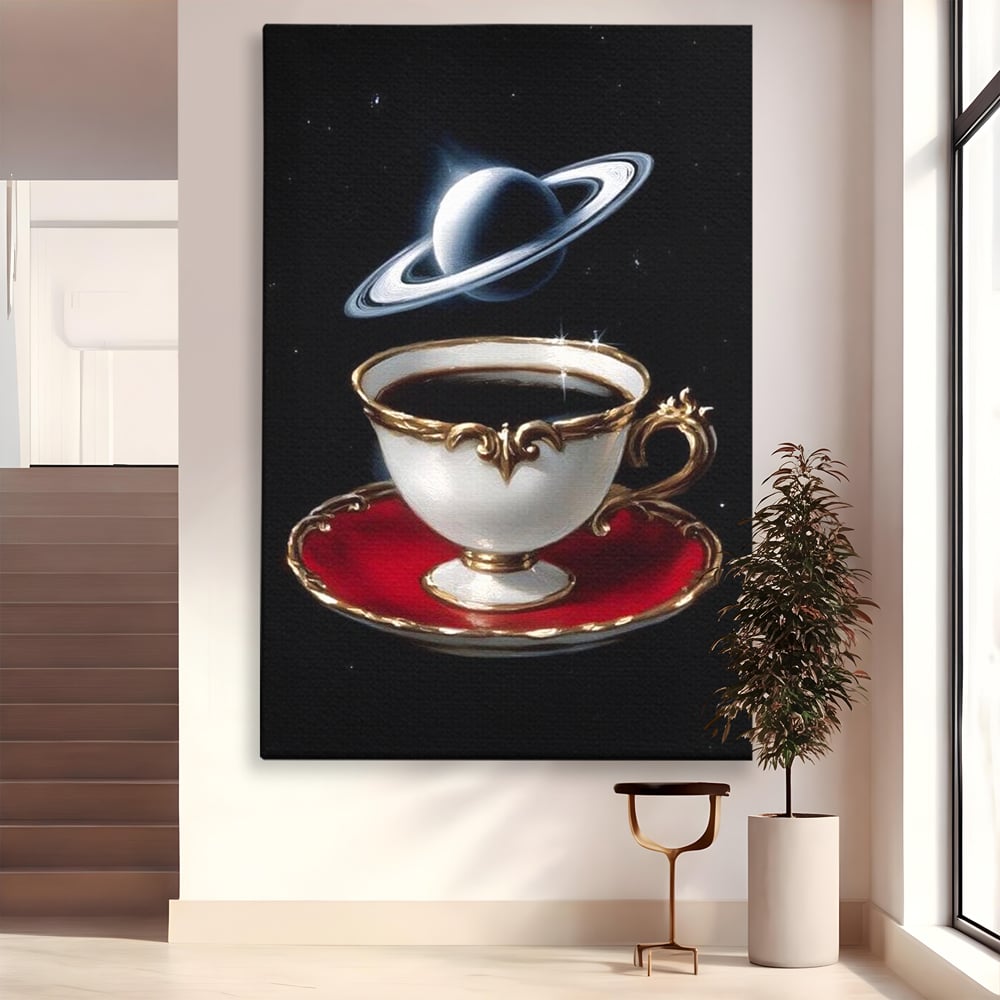 Tablou Canvas Premium, LuxCanva® N1196, Reverie Cosmica, Ceai, Ceasca, Vintage, Stele, Planeta, Cosmos, Univers, Cafenea, Pub, Bar, Lounge, Restaurant, Bucatarie