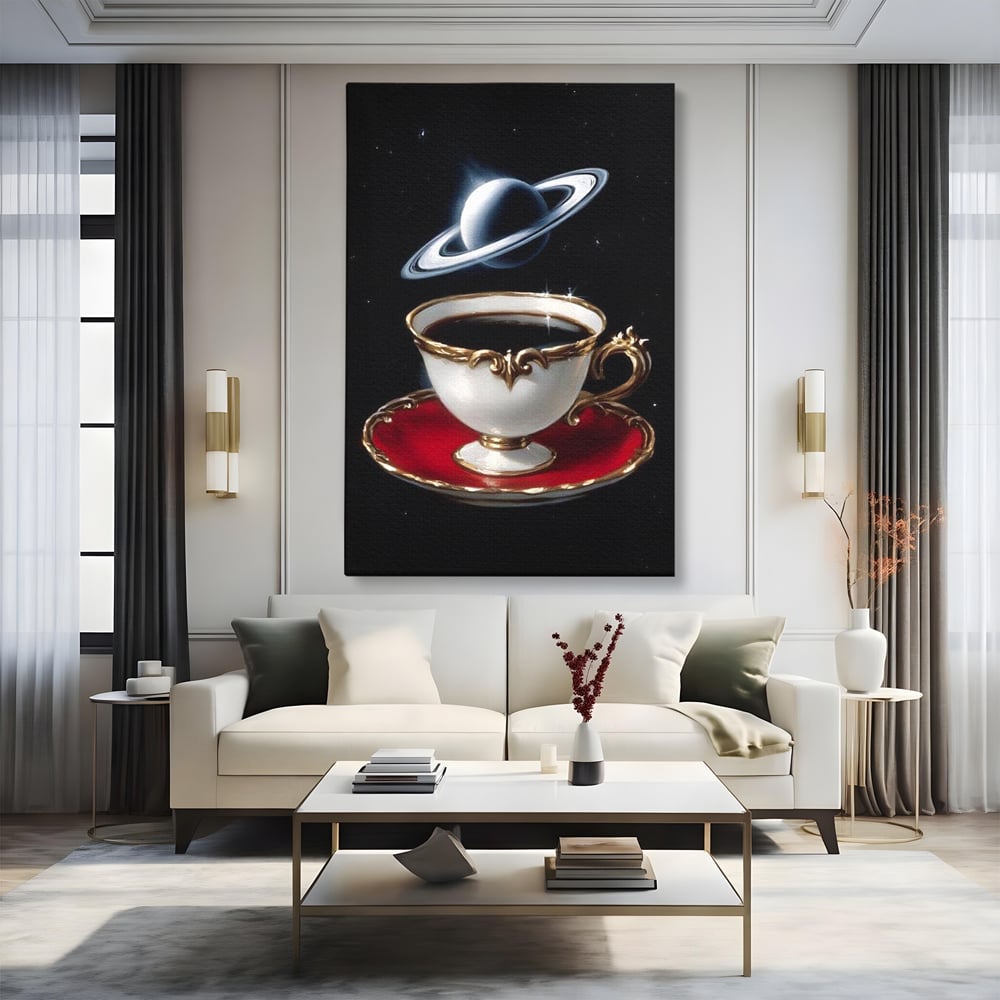 Tablou Canvas Premium, LuxCanva® N1196, Reverie Cosmica, Ceai, Ceasca, Vintage, Stele, Planeta, Cosmos, Univers, Cafenea, Pub, Bar, Lounge, Restaurant, Bucatarie