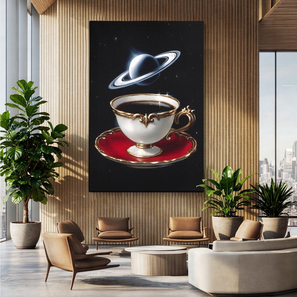 Tablou Canvas Premium, LuxCanva® N1196, Reverie Cosmica, Ceai, Ceasca, Vintage, Stele, Planeta, Cosmos, Univers, Cafenea, Pub, Bar, Lounge, Restaurant, Bucatarie