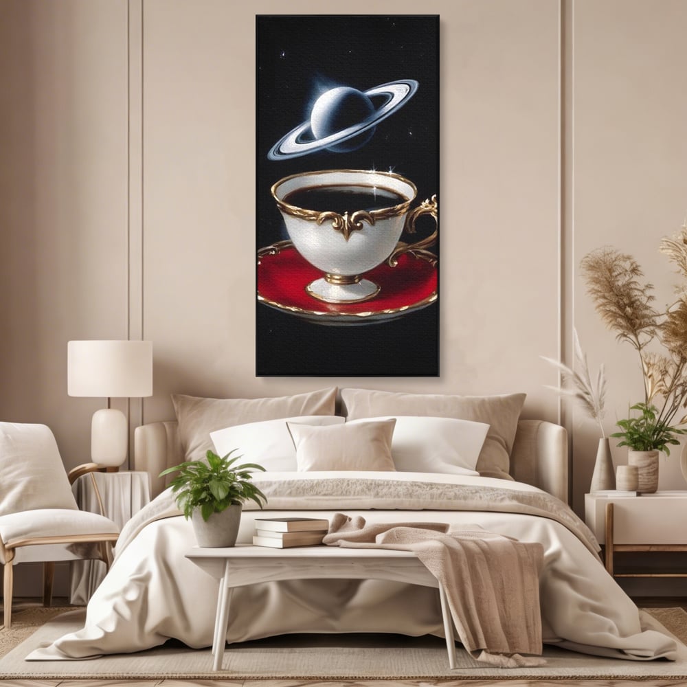 Tablou Canvas Premium, LuxCanva® N1196, Reverie Cosmica, Ceai, Ceasca, Vintage, Stele, Planeta, Cosmos, Univers, Cafenea, Pub, Bar, Lounge, Restaurant, Bucatarie