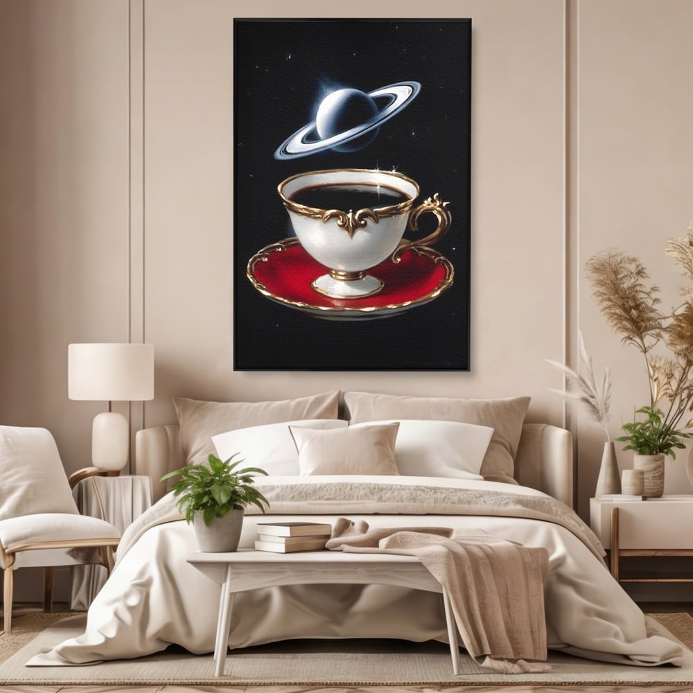 Tablou Canvas Premium, LuxCanva® N1196, Reverie Cosmica, Ceai, Ceasca, Vintage, Stele, Planeta, Cosmos, Univers, Cafenea, Pub, Bar, Lounge, Restaurant, Bucatarie