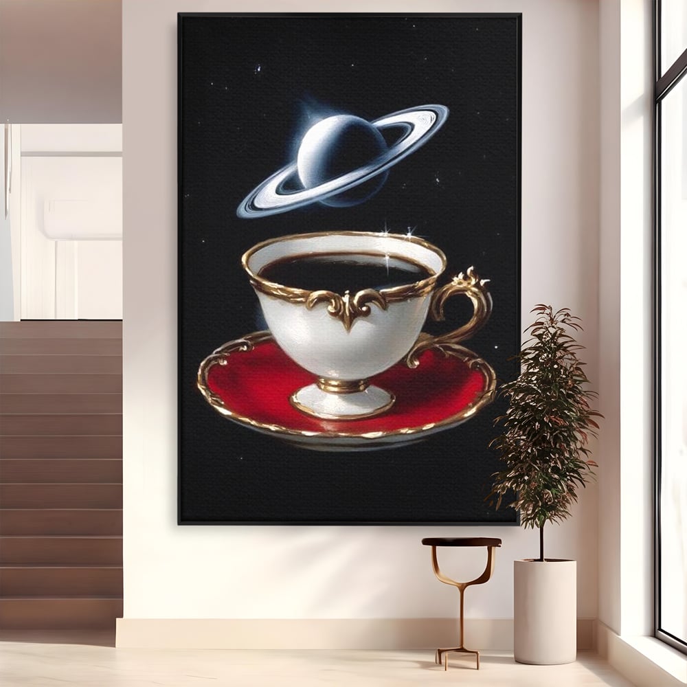 Tablou Canvas Premium, LuxCanva® N1196, Reverie Cosmica, Ceai, Ceasca, Vintage, Stele, Planeta, Cosmos, Univers, Cafenea, Pub, Bar, Lounge, Restaurant, Bucatarie