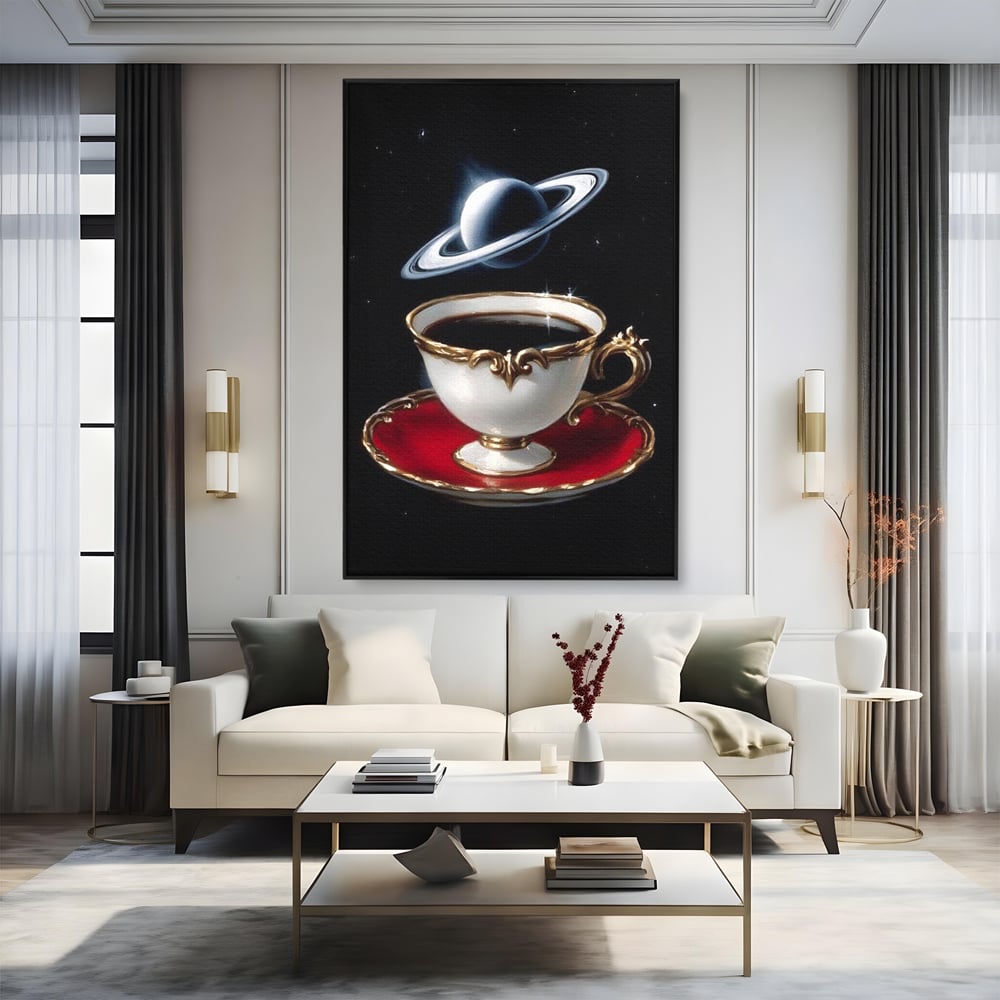 Tablou Canvas Premium, LuxCanva® N1196, Reverie Cosmica, Ceai, Ceasca, Vintage, Stele, Planeta, Cosmos, Univers, Cafenea, Pub, Bar, Lounge, Restaurant, Bucatarie