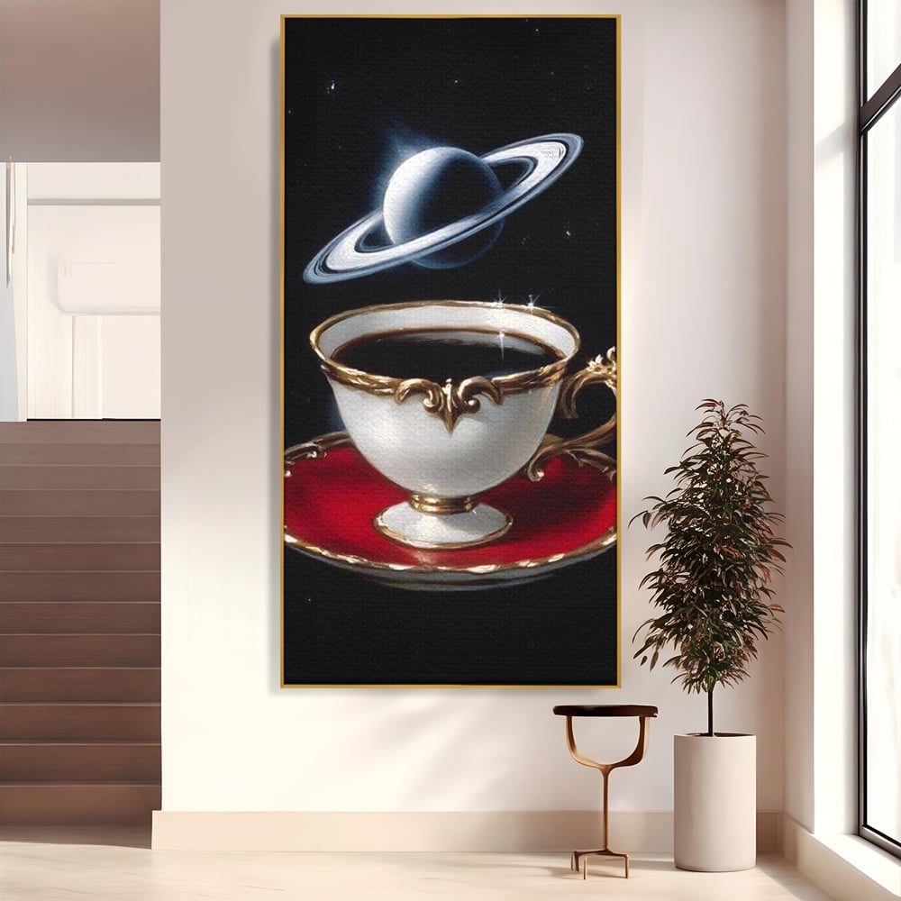 Tablou Canvas Premium, LuxCanva® N1196, Reverie Cosmica, Ceai, Ceasca, Vintage, Stele, Planeta, Cosmos, Univers, Cafenea, Pub, Bar, Lounge, Restaurant, Bucatarie