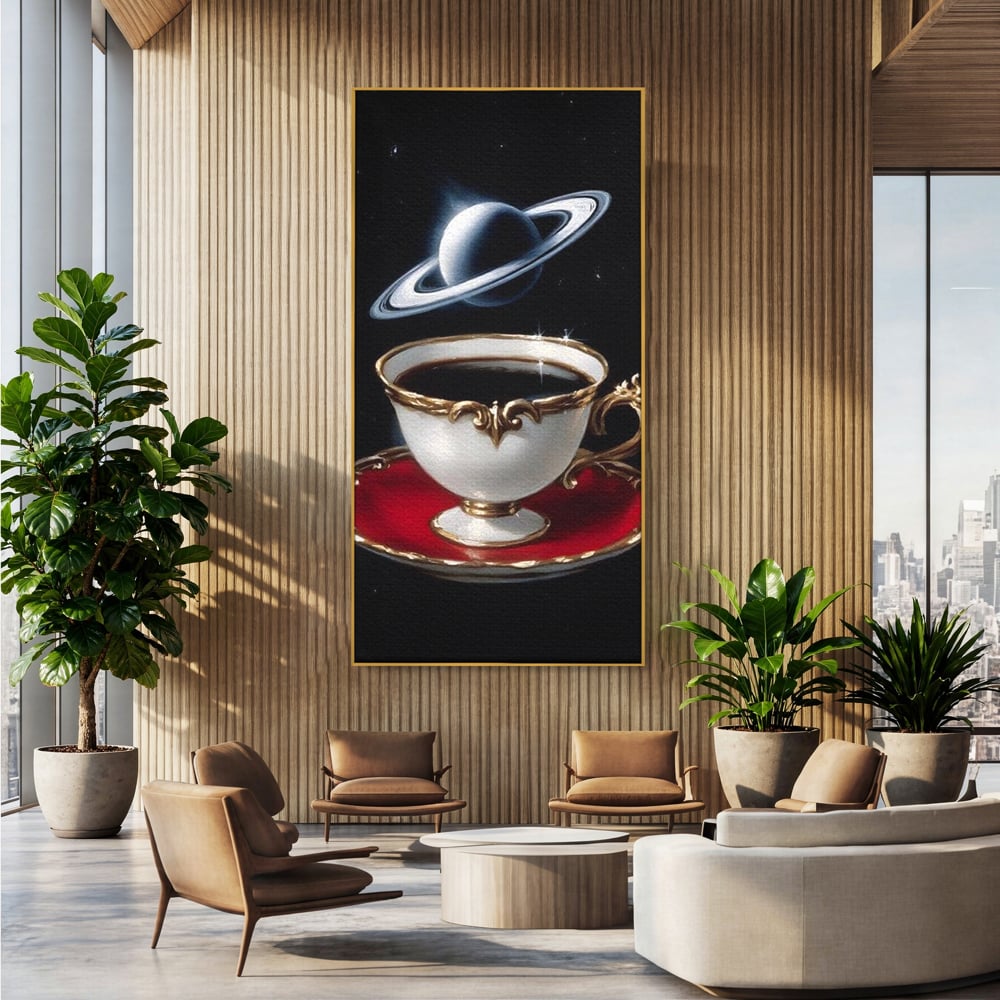 Tablou Canvas Premium, LuxCanva® N1196, Reverie Cosmica, Ceai, Ceasca, Vintage, Stele, Planeta, Cosmos, Univers, Cafenea, Pub, Bar, Lounge, Restaurant, Bucatarie