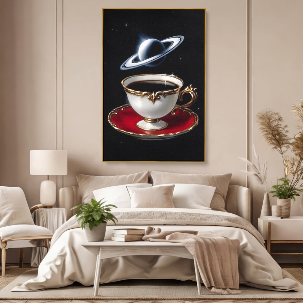 Tablou Canvas Premium, LuxCanva® N1196, Reverie Cosmica, Ceai, Ceasca, Vintage, Stele, Planeta, Cosmos, Univers, Cafenea, Pub, Bar, Lounge, Restaurant, Bucatarie