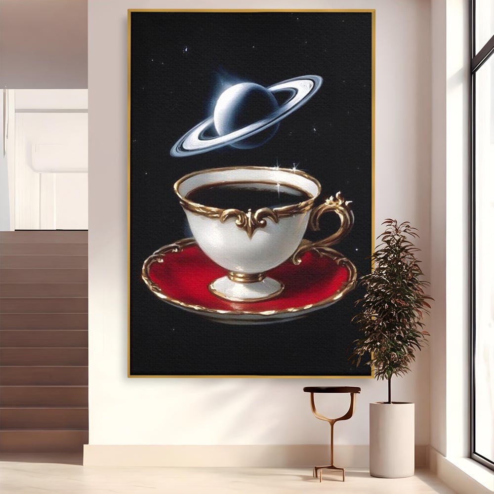 Tablou Canvas Premium, LuxCanva® N1196, Reverie Cosmica, Ceai, Ceasca, Vintage, Stele, Planeta, Cosmos, Univers, Cafenea, Pub, Bar, Lounge, Restaurant, Bucatarie