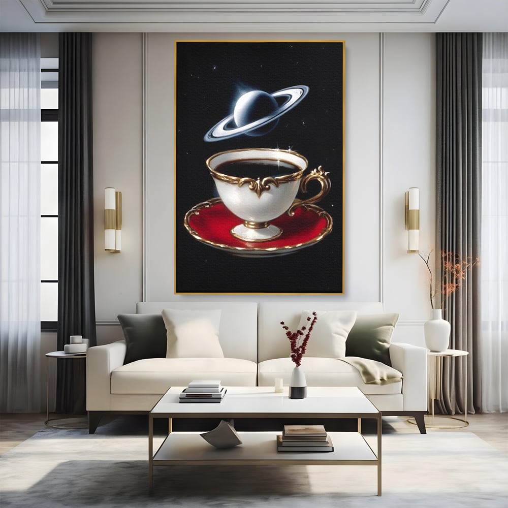 Tablou Canvas Premium, LuxCanva® N1196, Reverie Cosmica, Ceai, Ceasca, Vintage, Stele, Planeta, Cosmos, Univers, Cafenea, Pub, Bar, Lounge, Restaurant, Bucatarie
