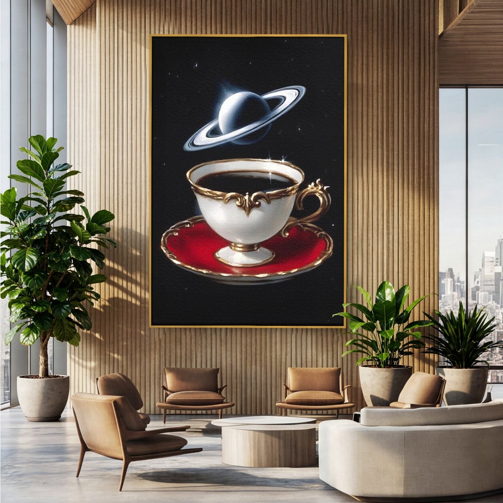 Tablou Canvas Premium, LuxCanva® N1196, Reverie Cosmica, Ceai, Ceasca, Vintage, Stele, Planeta, Cosmos, Univers, Cafenea, Pub, Bar, Lounge, Restaurant, Bucatarie