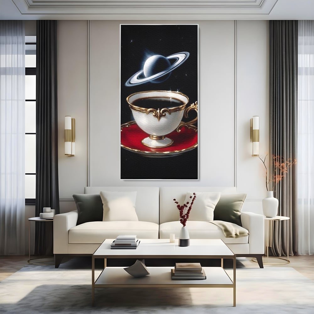 Tablou Canvas Premium, LuxCanva® N1196, Reverie Cosmica, Ceai, Ceasca, Vintage, Stele, Planeta, Cosmos, Univers, Cafenea, Pub, Bar, Lounge, Restaurant, Bucatarie