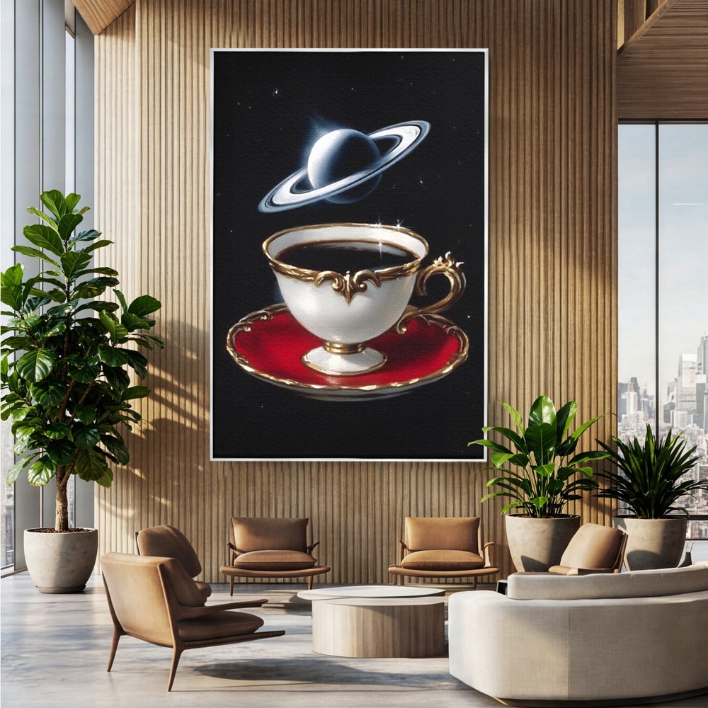 Tablou Canvas Premium, LuxCanva® N1196, Reverie Cosmica, Ceai, Ceasca, Vintage, Stele, Planeta, Cosmos, Univers, Cafenea, Pub, Bar, Lounge, Restaurant, Bucatarie