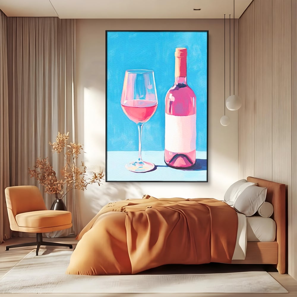 Tablou Canvas Premium, LuxCanva® N1197, Esenta Fina, Vin Rose, Sticla, Pahar, Bautura, Pictura, Pastel, Simplitate, Pub, Bar, Lounge, Restaurant, Bucatarie