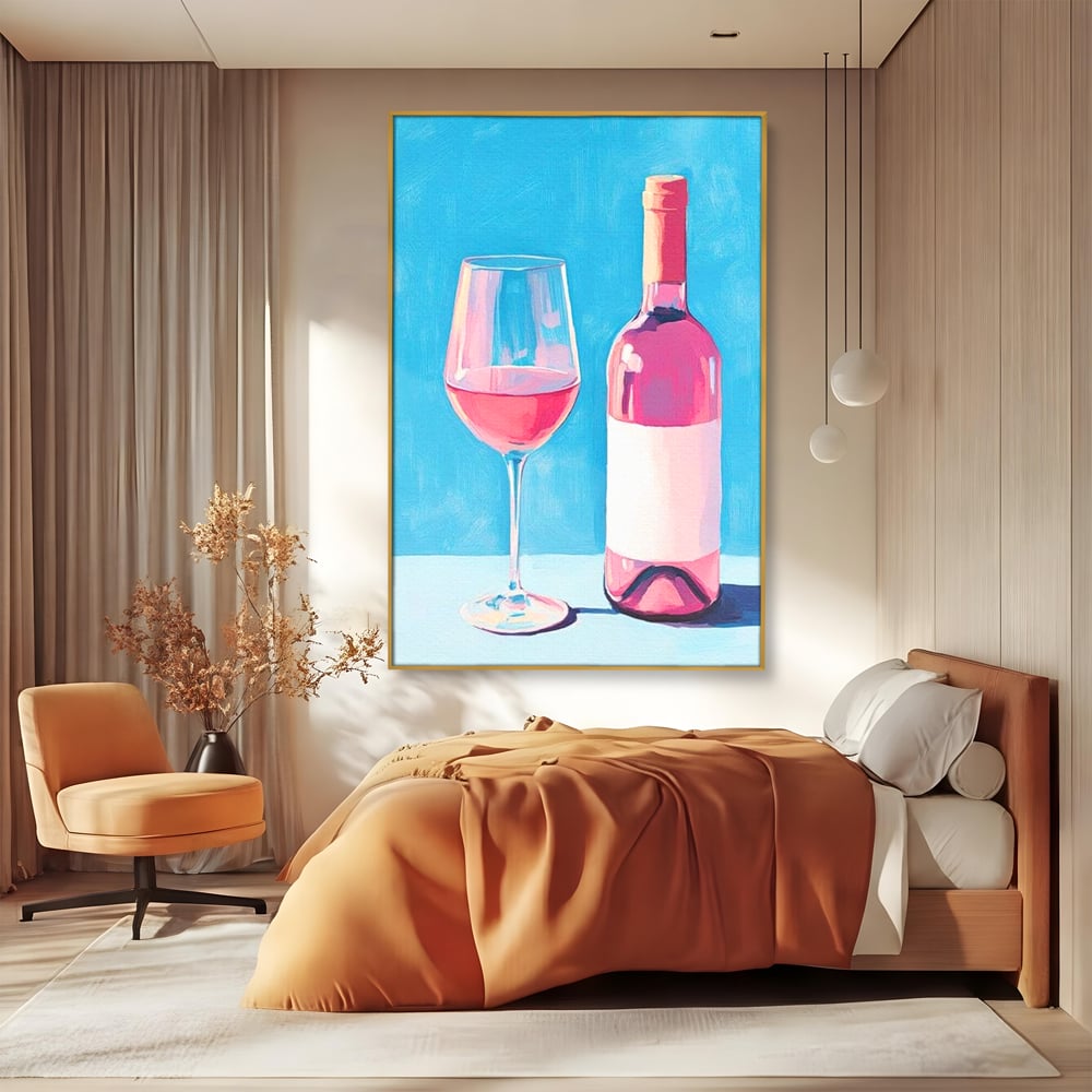 Tablou Canvas Premium, LuxCanva® N1197, Esenta Fina, Vin Rose, Sticla, Pahar, Bautura, Pictura, Pastel, Simplitate, Pub, Bar, Lounge, Restaurant, Bucatarie